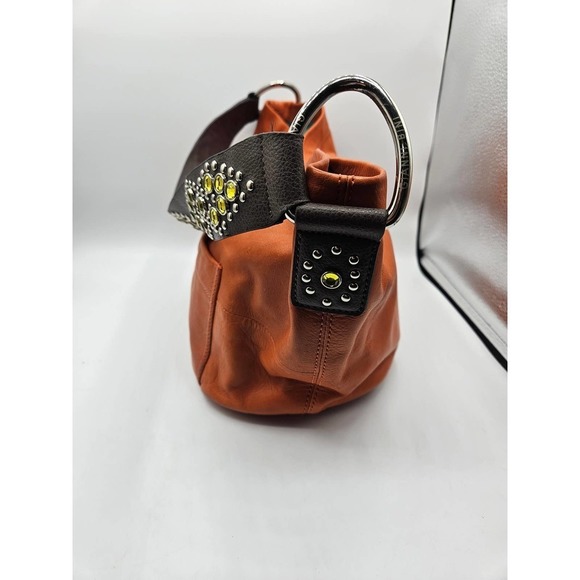 Gianni Bini Womens Zip Top Orange‎ Solid Leather Shoulder Handbag Jewel Strap - Picture 11 of 14